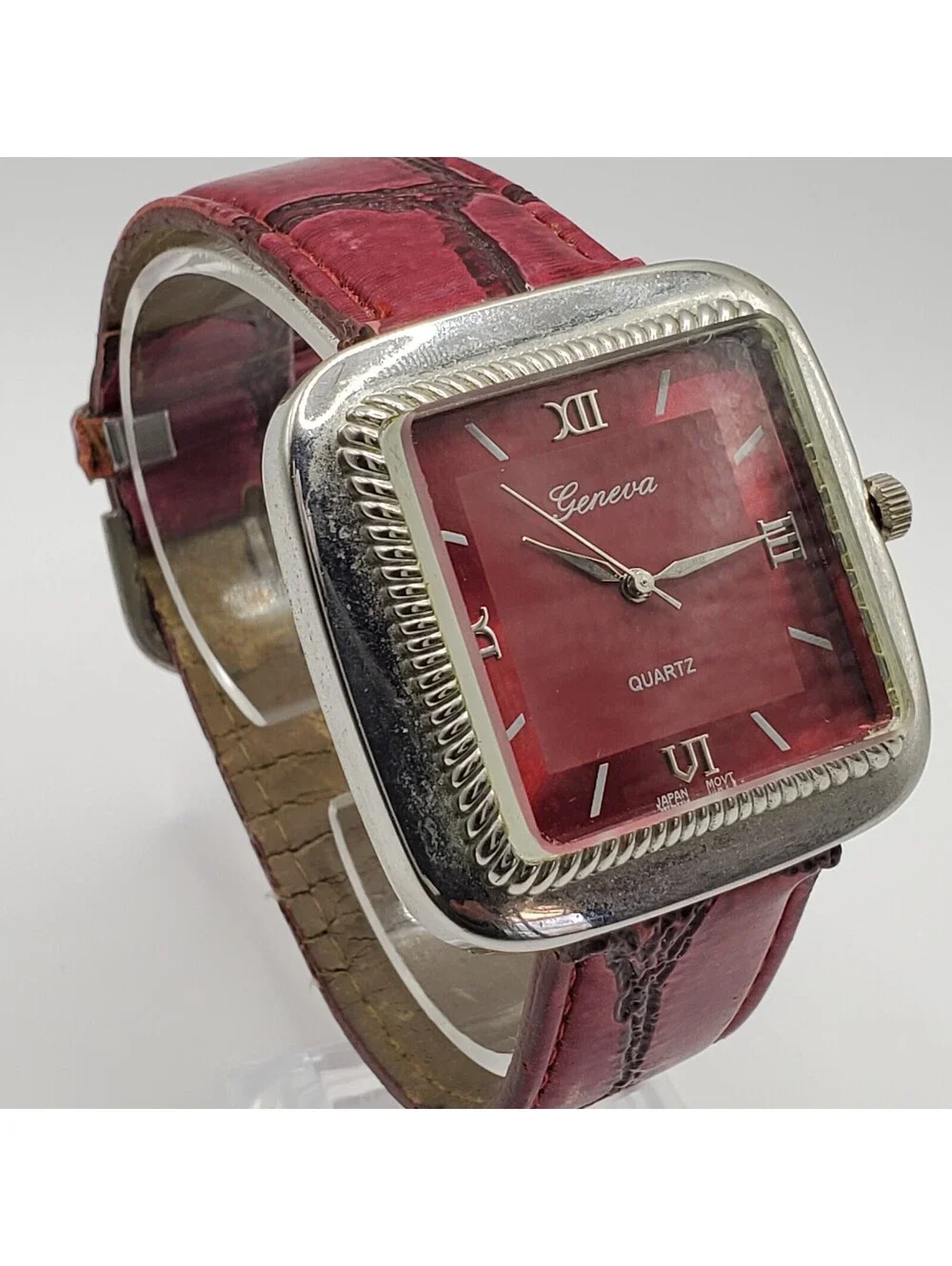 Geneva Womens Watch  40mm Red Dial Leather Band Square New Battery